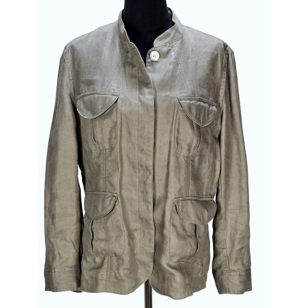 Women's Lands' End Size 16 Olive‎ Green 100% Linen Utility Field Jacket Heritage